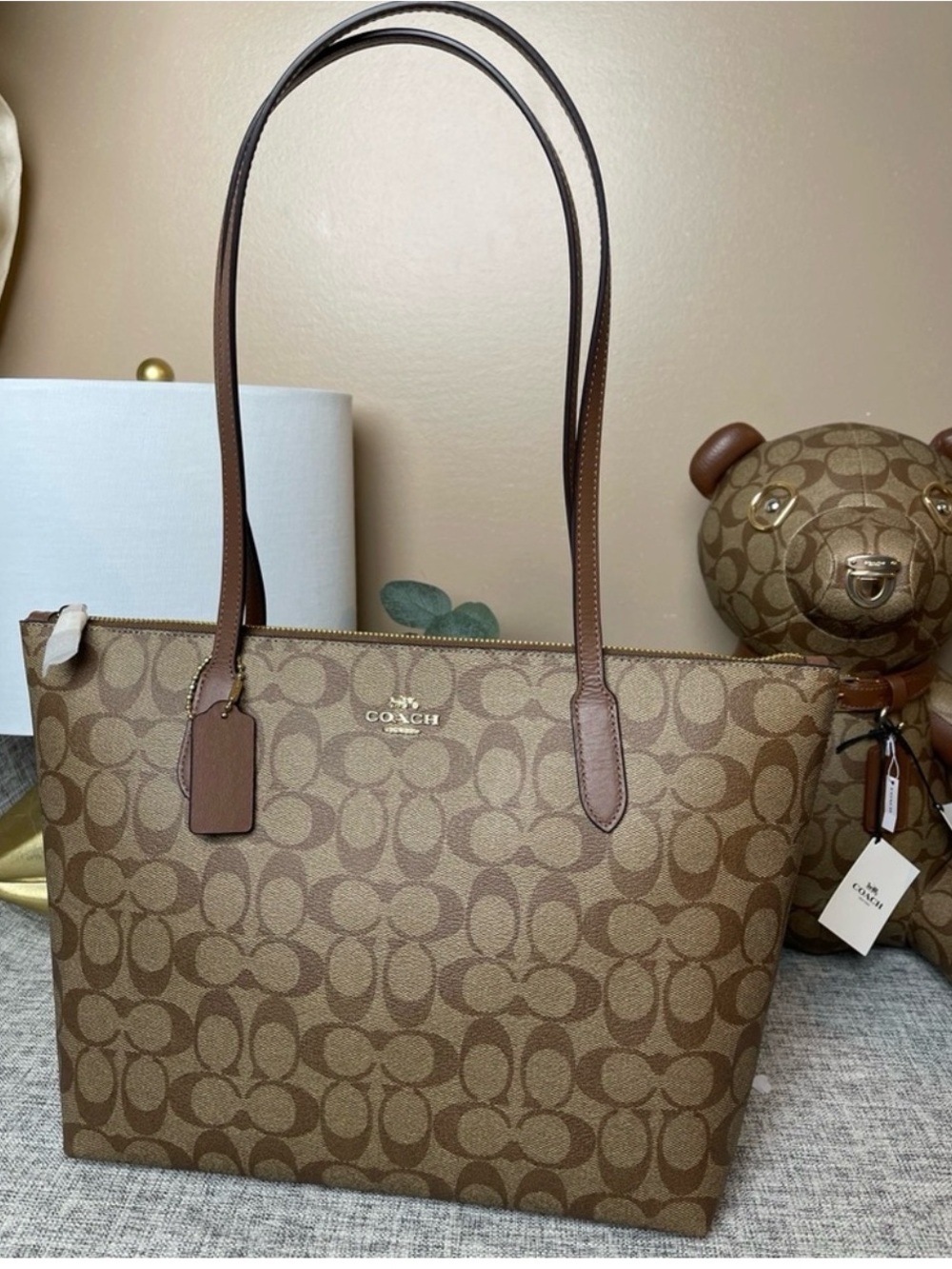 Coach Brown Signature Canvas Tote with Leather Trim